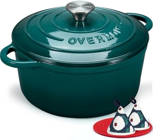 Overmont Enameled Cast Iron Dutch Oven - 7QT Pot with Lid Cookbook & Cotton Potholders - Heavy-Duty Cookware for Braising, Stews, Roasting, Sourdough Baking bottle green