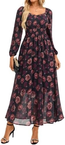 GRACE KARIN Fall Long Sleeve Floral Wedding Guest Maxi Dress Black L