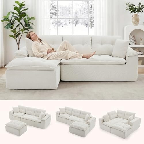 Korser 110" Cloud Sectional Couch with Ottoman, Modern Modular Sectional Sofa with Deep Seat, Upholstered Boneless Couch for Living Room, L Shaped Sofa with Layered Cushion (Beige, No Assembly)