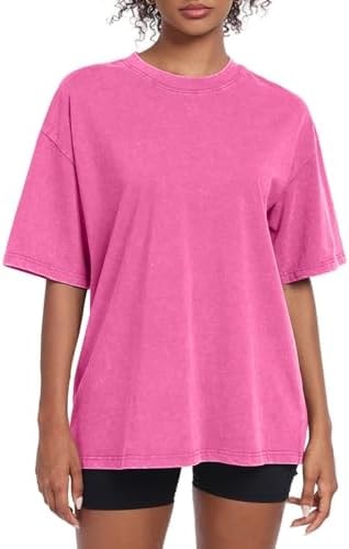 Womens Washed Vintage Oversized T-Shirt Baggy Workout Tops Short Sleeve Cotton Tshirts Streetwear Boyfriend Tee(W-Pink,l)