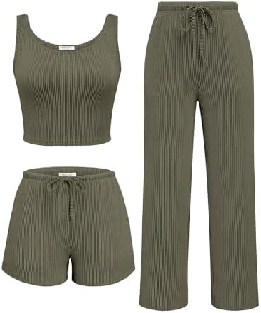 Ekouaer Women's 3 Piece Lounge Set Soft Twisted Rib Knit Summer Vacation Outfits Crop Top Shorts & Pants Set With Pokcet