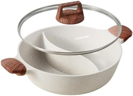 CAROTE Hot Pot with Divider Double Flavor Divided Stockpot with Glass Lid, Dual Sided Nonstick Stock Pot, Shabu Shabu Pots, Cookware for Induction Cooktop Gas Stove, 4.5-QT