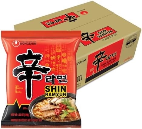 Nongshim Shin Ramyun Noodles, Spicy Korean Signature Instant Ramyun, Rich Beef Flavored Broth, Microwaveable, Korean Instant Noodles, 4.23 oz (Pack of 20), Packaging May Vary.