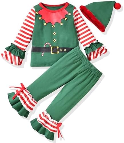 HINTINA 2T Toddler Little Girl Christmas Outfits Elf Bell Bottom Flare Pants Clothes Set Xmas Clothing 2-3T