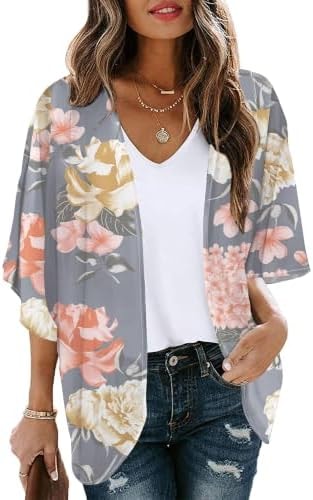 Chunoy Women Casual Summer Floral Print Short Sleeve Chiffon Sheer Kimono Cardigan Capes Open Front Blouse Top Beach Wear Cover Up Grey Medium