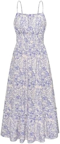 GRACE KARIN Summer Dresses for Women Boho Maxi Dress Blue White Floral XL