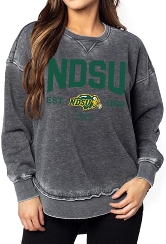 chicka-d Women's Burnout Hi-Lo Campus Crewneck Fleece Sweatshirt NCAA Arch Over Icon Team Color, North Dakota State Bison, Charcoal, Medium