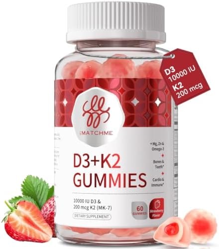 Vitamin D3 K2 Gummies, 5,000 IU / 10,000 IU D3 + 200 mcg MK-7, 60 Count