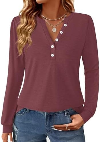 GKBK Women's Puff Long Sleeve Tunic V Neck Button Blouses Fall Tops Trendy Dressy Casual Business Henley Shirts Wine Red L