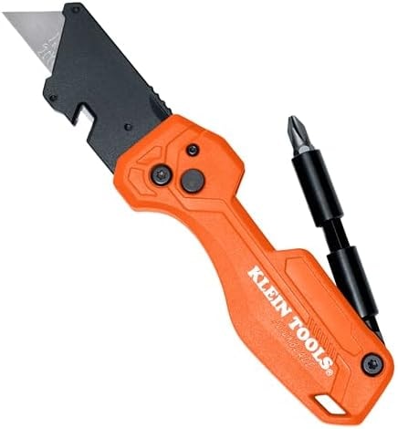 Klein Tools 44304 Folding FLICKBLADE Utility Knife, Compact, Removable Impact Driver, 1/4-Inch Nut Driver and #2 Phillips Bit