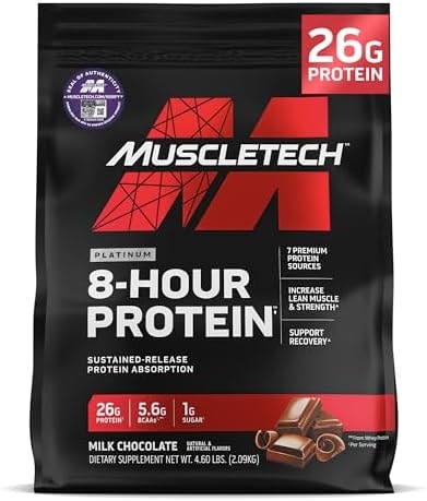 MuscleTech Platinum 8-Hour Protein Powder - 7 Premium Protein Sources with Whey & Casein Protein for Increased Lean Muscle, Strength & Improved Recovery - Milk Chocolate, 50 Servings