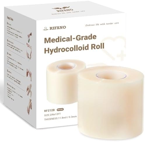 RIFANO Medical Hydrocolloid Tape Roll, Cut-to-Size, 2in*12ft Extra Large Hydrocolloid Patch Bandages with Self-Adhesive, Ultra Absorbent, Flexible & Waterproof (2in*12ft 11.8mil/0.3mm Thickness)