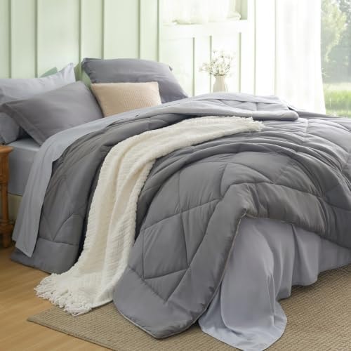 Bedsure Queen Bed in a Bag Reversible Two-Tone 7 Pieces Grey/Light Grey