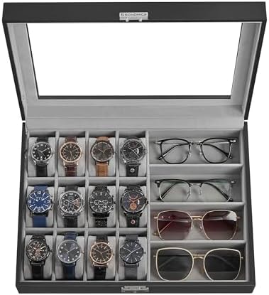 SONGMICS 12-Watch and 4-Sunglasses Box, Watch Organizer with Glass Lid