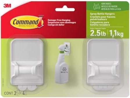 Command Spray Bottle Hangers, Holds up to 32 fl oz, 2 Hangers with 4 Strips, Damage-Free Spray Bottle Holder Wall Mount to Cabinet, Kitchen, or Under Sink