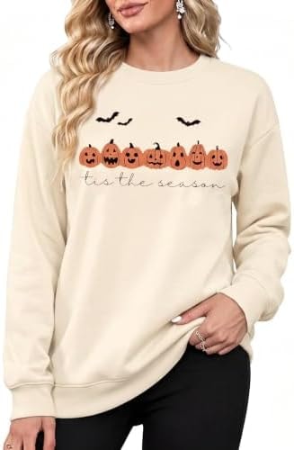 FAYALEQ Halloween Sweatshirt Women Tis The Season Shirt Pumpkin Graphic Pullover Vintage Fall Long Sleeve Tops