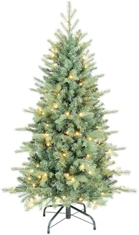 4 FT Prelit Artificial Skinny Christmas Tree,Blue Spruce Slim Pencil Xmas Tree with 566 PE&PVC Mixed Branch Tips and 130 UL Listed Clear Lights,Hinged Pine Tree with Metal Stand for Home Office Décor