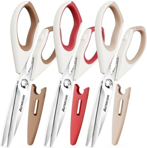 Astercook Kitchen Scissors, 3-Pack Heavy Duty All-Purpose Kitchen Shears for Poultry, Meat, Herbs, Vegetables & Packaging, Stainless Steel Blades with Covers, Dishwasher Safe, Color-Coded