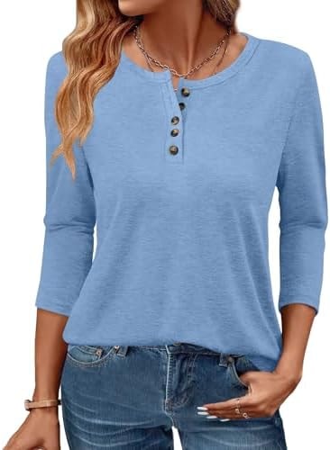 GKBK 3/4 Sleeve Womens Tops Fall Clothes Henley Casual Spring Summer Lightweight Basic Tunic Shirts Blue