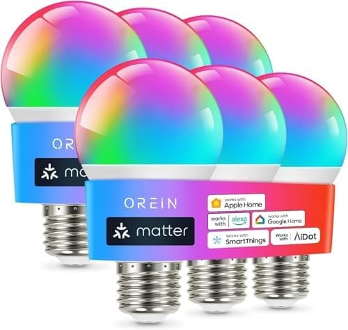 OREiN Matter Smart Light Bulb, A19 RGBTW Color Changing Light Bulbs, 6 Pack