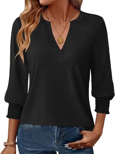 GKBK Womens 3/4 Sleeve Shirts V Neck Dressy Casual Spring Summer Blouses with Smocked Cuffs A- Black
