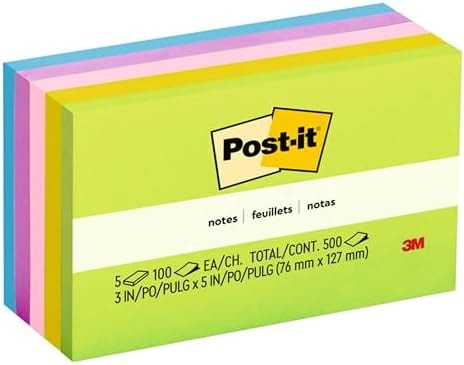 Post-it Notes, 3x5 in, 5 Pads, America's #1 Favorite Sticky Notes, Floral Fantasy Collection, Bold Colors (Green, Yellow, Orange, Purple, Blue), Clean Removal, Recyclable (655-5UC)