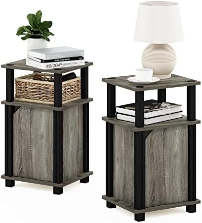 Furinno Brahms 3-Tier End Side Sofa Table/Nighstand with Door, 2-Pack, French Oak/Black