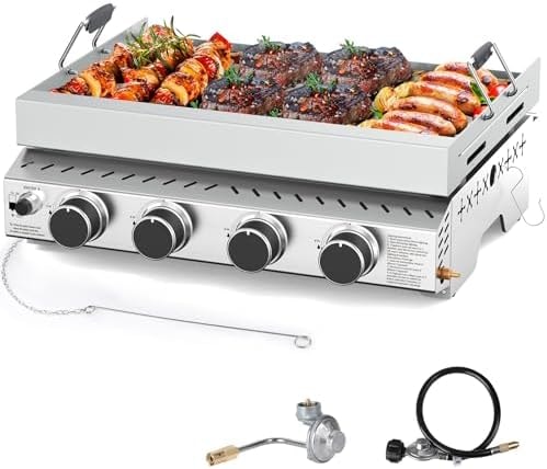 COWSAR Portable 4 Burners Stainless Steel BBQ Griddle, 32000 BTUS Propane Gas Grill with Uncoated and Non-stick Grids for Garden, Camping, Outdoor, Picnic