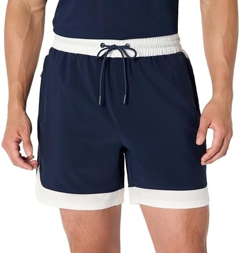 Amazon Essentials Men's Athletic Performance Stretch Contrast Woven Gym Training Short with 6" Inseam, Navy/White, Large