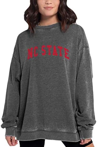 chicka-d Women's Oversized Dropped Shoulder Crewneck Fleece Sweatshirt | NCAA Classic Arch Over Neutral, North Carolina State Wolfpack, Neutral, Large Charcoal