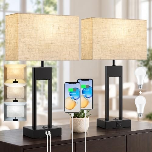 GyroVu 19" Nightstand Table Lamps for Bedroom Set of 2, USB C+A | 3 Colors Changeable Bedside Lamps for Living Room, Lamp for Nightstands(Bulbs Included)