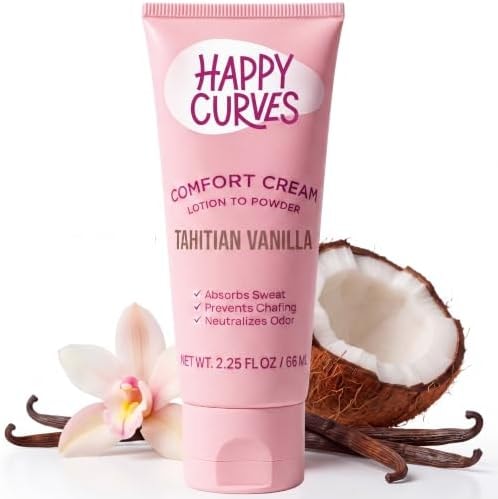 HAPPY CURVES Lotion to Powder Anti Chafing Odor Control Cream for Women: Aluminum-Free Cream for Private Parts, Under Breast, & Body 2.25 Fl Oz (1 Pack, Tahitian Vanilla)