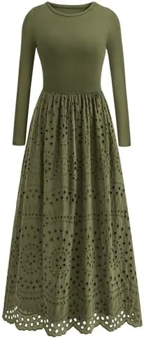 dowerme Women Spring Dresses 2026 Casual Long Sleeve Crewneck A-Line Boho Eyelet Cotton Maxi Wedding Guest Dress Pockets(Army Green,Small)