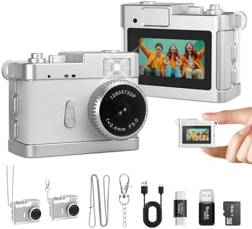 Keychain Camera, 16GB Mini Digital Camera with Built-in Flash & Retro Filters, 2MP Pocket Mini Camera with Video Recorder for Travel, Party, Vlog, Bag Charm, Birthday Gifts for Kids & Friends (White)