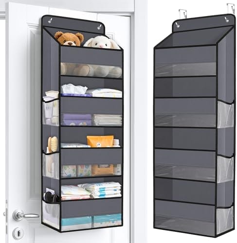 WISELIFE Over The Door Organizer Storage with 4 Large Pockets Door Hanging Organizer with Clear Windows behind The Door Storage for Nursery Bedroom Bathroom Pantry Closet and Baby Essentials Dark Grey