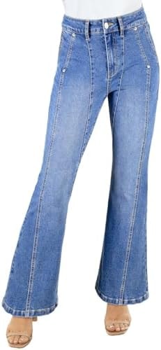 Astylish Women Stretchy Wide Leg Front Seam Flared Jeans High Rise Straight Baggy Denim Trousers with Slanted Pockets Mist Blue 8
