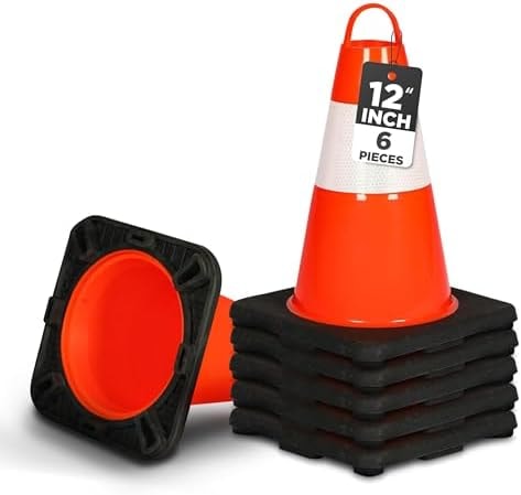 Pyle 12" PVC Traffic Cones, 6-Pack Safety Cones for Parking, Construction, Roadwork, & Sports Training, High-Visibility Orange, Durable, Stackable Design, Heavy-Duty Base for Stability in All Weather