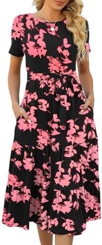 Lyrur Women's Summer Floral Short Sleeve Modest Teacher Church Midi Dress