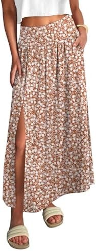 ANRABESS Women's Summer Boho Maxi Skirt,Floral Brown,M