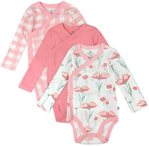 HonestBaby Organic Cotton 3-pack Long Sleeve Side-snap Kimono Bodysuits Bodysuit, Strawberry Pink Floral, 0-3 Months