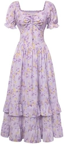 Women Floral Maxi Dress Puff Sleeve Tea Party Corset Dress Purple L