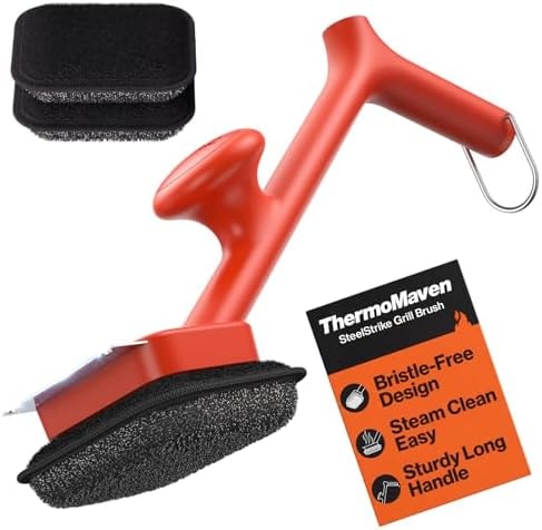 ThermoMaven Bristle-Free BBQ Grill Brush - No Wire Risk Steam Cleaner Removes Burnt Grease Fast - 17" Cool-Touch Handle, Scraper & 3 Replaceable Heads for Gas, Charcoal & Cast Iron