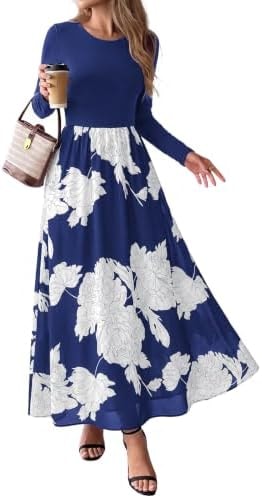 KIRUNDO Women's Long Sleeve Boho Floral Flowy Fall Maxi Dress, NA+W, L