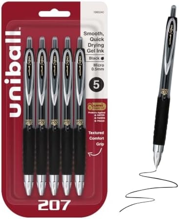 uniball™ 207 Gel Pens, Black Ink, 0.5mm Micro Point, Retractable, 5 Count