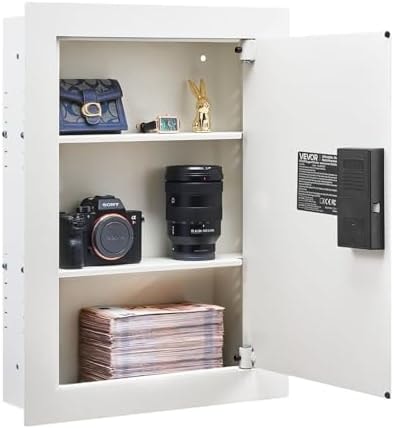 VEVOR 22" High Wall Safe, 3-Tier Hidden Wall Safe with Password, Key & Turning Knob, Q235 Cold-Rolled Steel In-Wall Box with Adjustable Shelves & Mounting Holes for Money, Jewelry, Passport, White