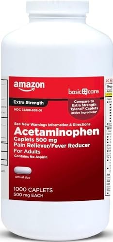 Amazon Basic Care Extra Strength Pain Relief, Acetaminophen Caplets, 500 mg, Pain Reliever and Fever Reducer for Headache, Backache, Arthritis Pain, Menstrual Cramps, 1000 Count (Packaging may vary)