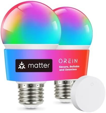 OREiN Matter Smart Light Bulb, A19 RGBTW Color Changing, 2 Pack with Remote