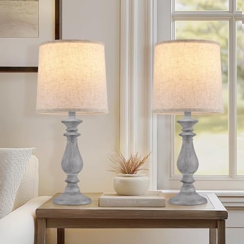 Piodo Lamps Set of 2 Vintage Rustic Farmhouse Table Lamps Bedside Reading Lamp Bedroom Nightstand Living Room Teapoy Lamp, Desk Light, 22 Inch High, with Fabric Shade (Grey, 22 Inch High)