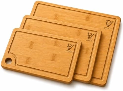 VNAM 3 Pack Bamboo Cutting Boards for Kitchen - Non-Toxic Wooden Chopping Board Set with Juice Groove & Handles - Thick Wood Butcher Block & Serving Tray (3 Sizes: 9", 12", 15")