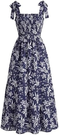 Kate Kasin Summer Womens Floral Boho Maxi Dress, Spaghetti Tie Strap Long Sun Dresses, 2026 Vacation Beach Smocked Sundresses Navy